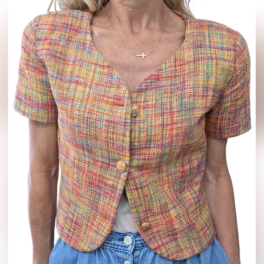 Vintage OJAY 100% Silk Tweed Cropped Jacket AU 10 Multicolor Y2K